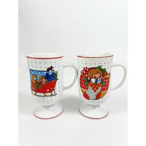 2 Vintage Christmas Pedestal Mugs 1980s Mervyns Made in Japan Sleigh Stocking